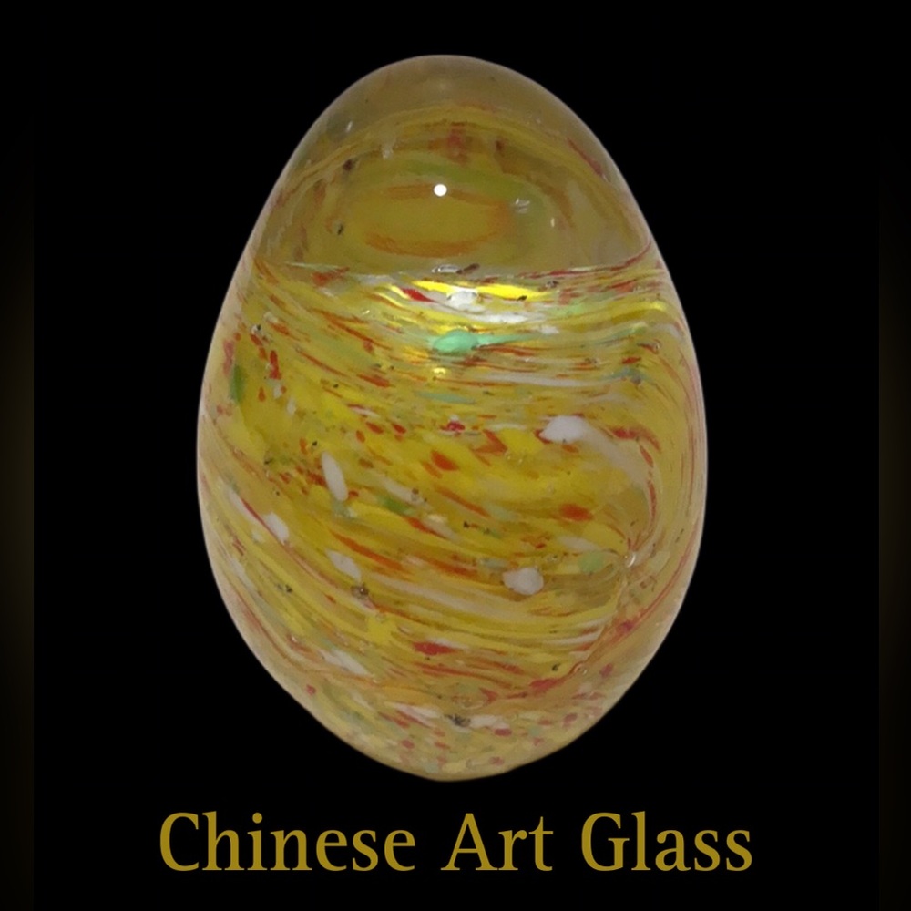Modern Chinese Art Glass Yellow Confetti Egg Paperweight